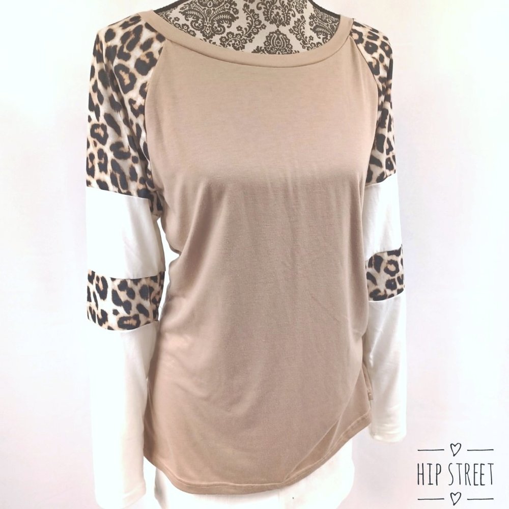 Leopard Print Contrast Band LS Jersey Tee Shirt S